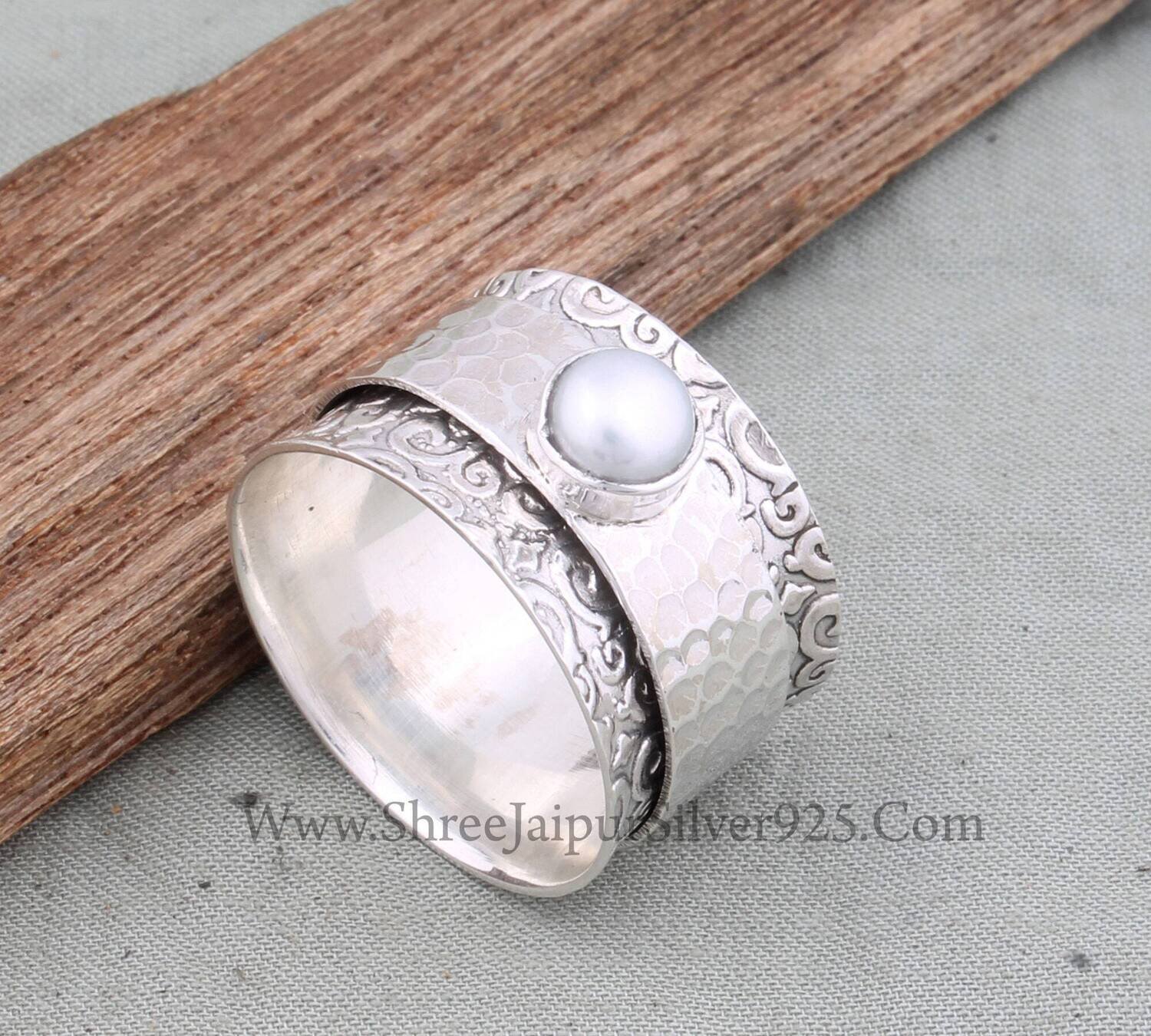 Natural Pearl Solid 925 Sterling Silver Spinner Ring For Women, Handmade Engraved Hammered Band Fidget Anxiety Ring Gifts For Her Wedding