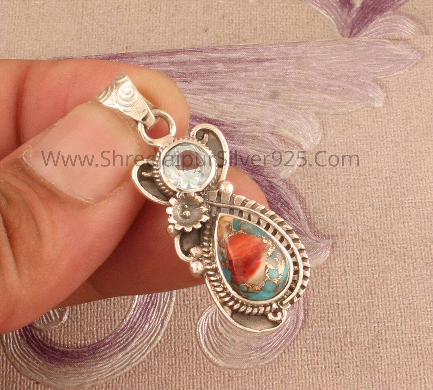 Oyster Copper Turquoise &amp; Blue Topaz Solid 925 Sterling Silver Necklace Pendant For Women, Antiqued Silver Jewelry For Wedding Anniversary