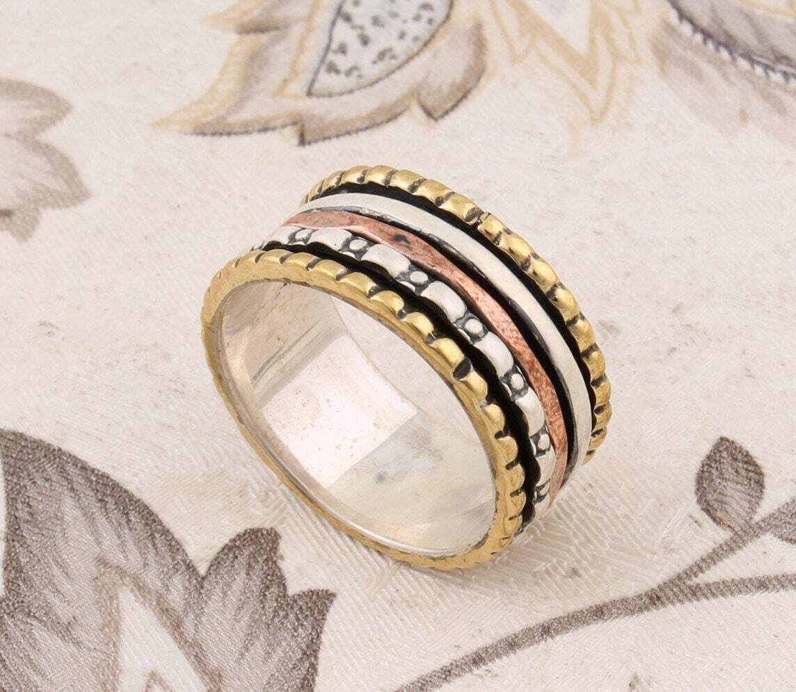 Solid 925 Sterling Silver &amp; Brass Spinner Ring For Women, Handmade Three Tone Meditation Spinner Ring For Wedding, Worry Anxiety Ring Gift