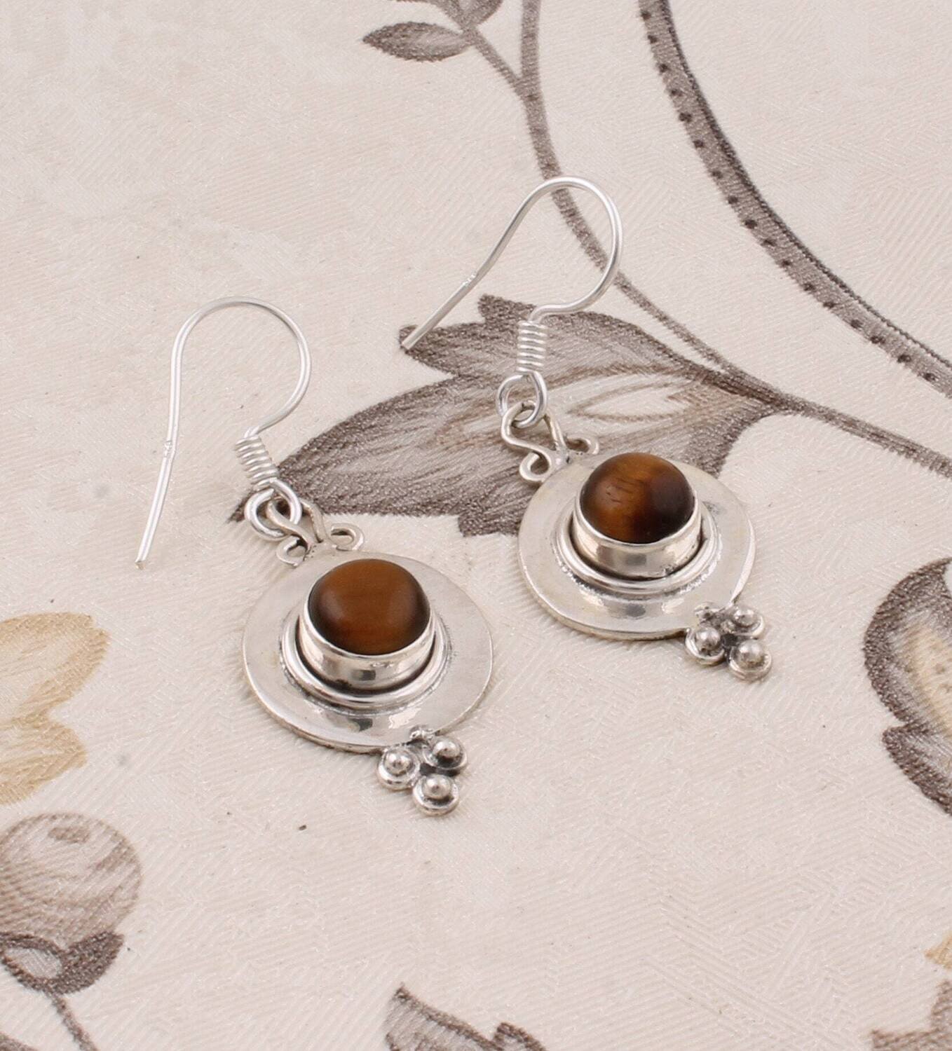 Silver,Solid Earring 925-Silver Sterling Earring Natural Tiger-Eye AAA+Quality Gemstone Handmade Earring Yellow Color Stone L#-28292025-E