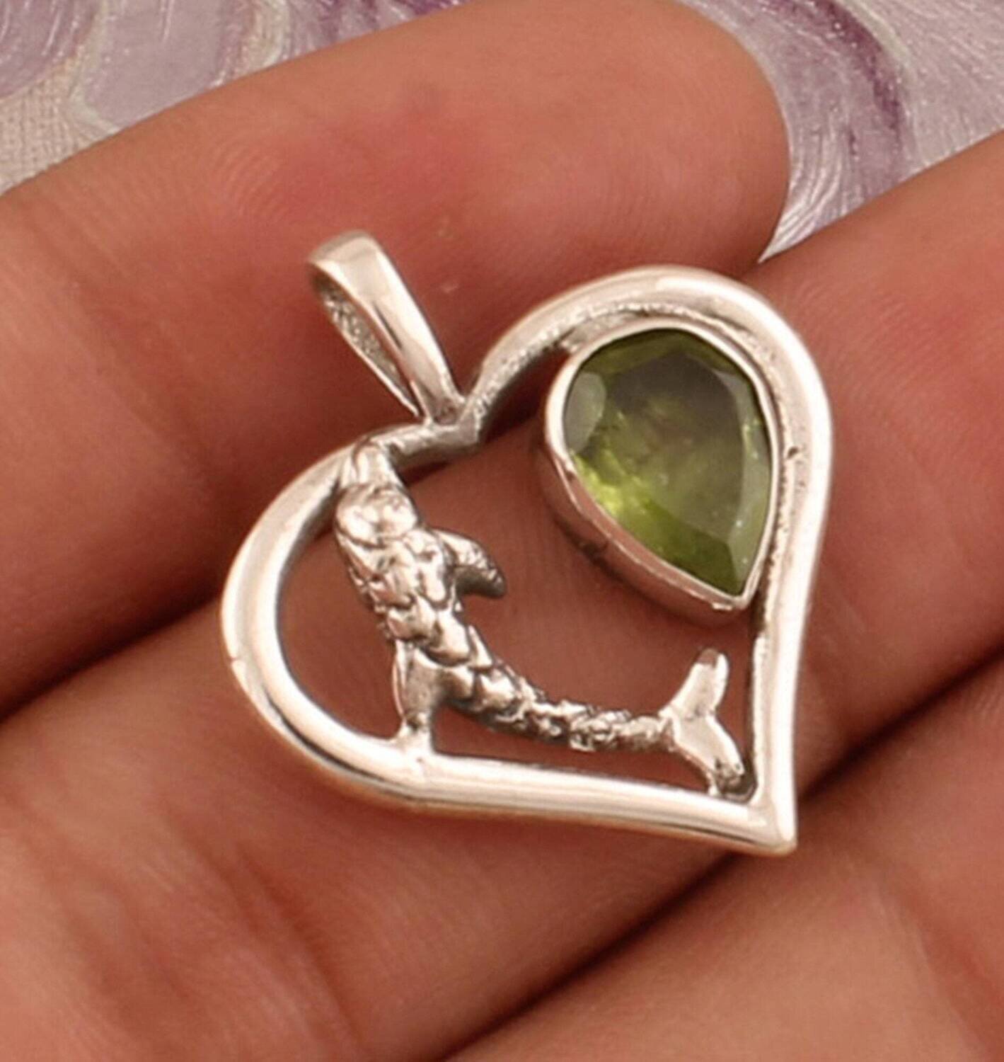 925 Sterling Silver Peridot Heart Shape Pendant, Designer Dolphin Fish Silver Pendant, Handmade Gemstone Pendant, Christmas Gift, Gift Idea