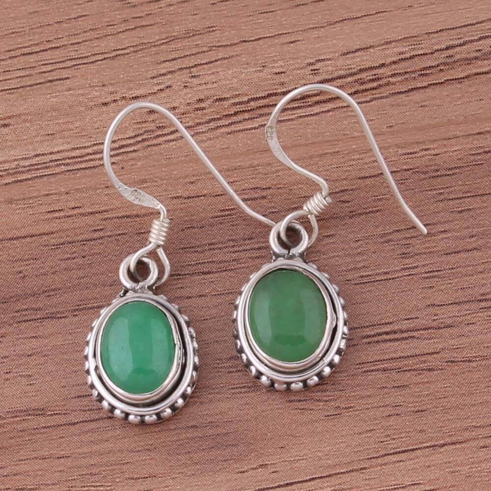 925-Silver Sterling Earring Green Jade Top Quality Handcraft Earring Green Color Stone And Silver Color Earring Gemstone Antique Silver