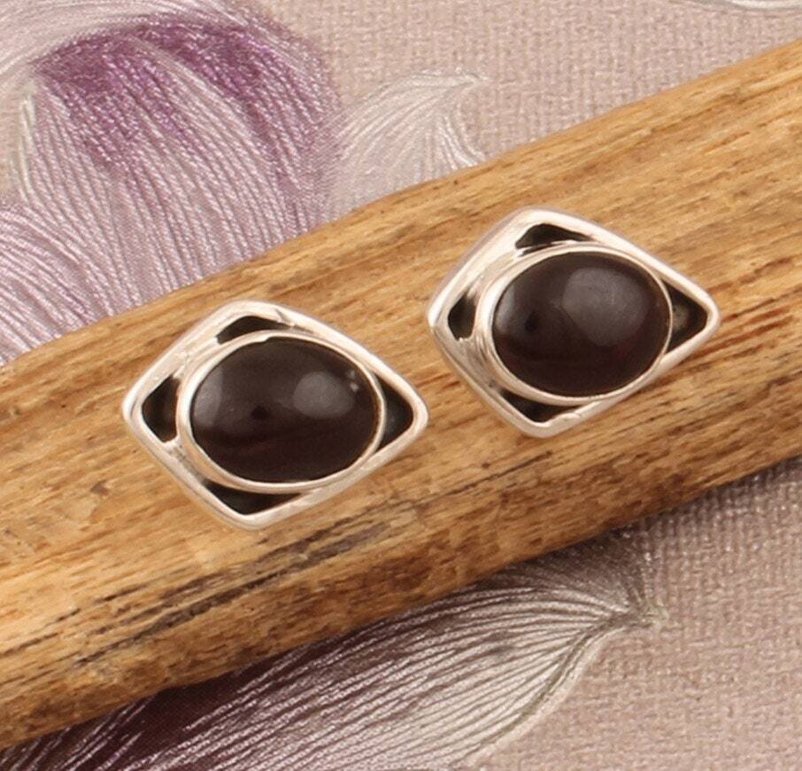 925 Sterling Silver Red Garnet Gemstone Stud Earrings, Designer Silver Earrings, January Birthstone Earrings, Handmade Earrings, Gift Idea