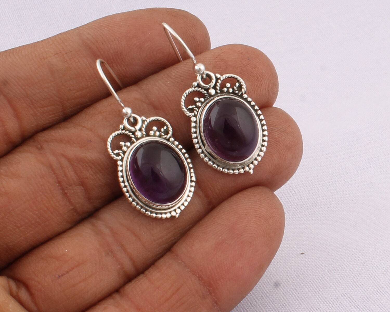 925 sterling Silver Boho Earring Amethyst Gemstone Earring Cabochon Stone Boho Earring 925-Sterling Solid Silver Earring HandmadeCyber2021
