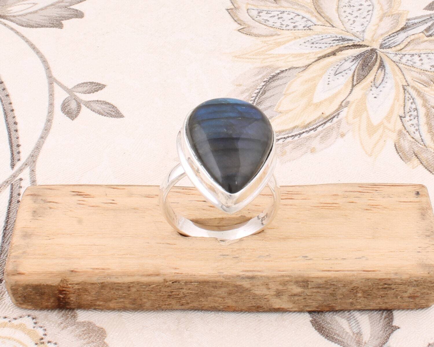 Middle Finger Ring Solid 925-Sterling Silver Ring With Natural Labradorite Gemstone Ring Cabochon Stone Boho Ring Handcrafted Charm Ring