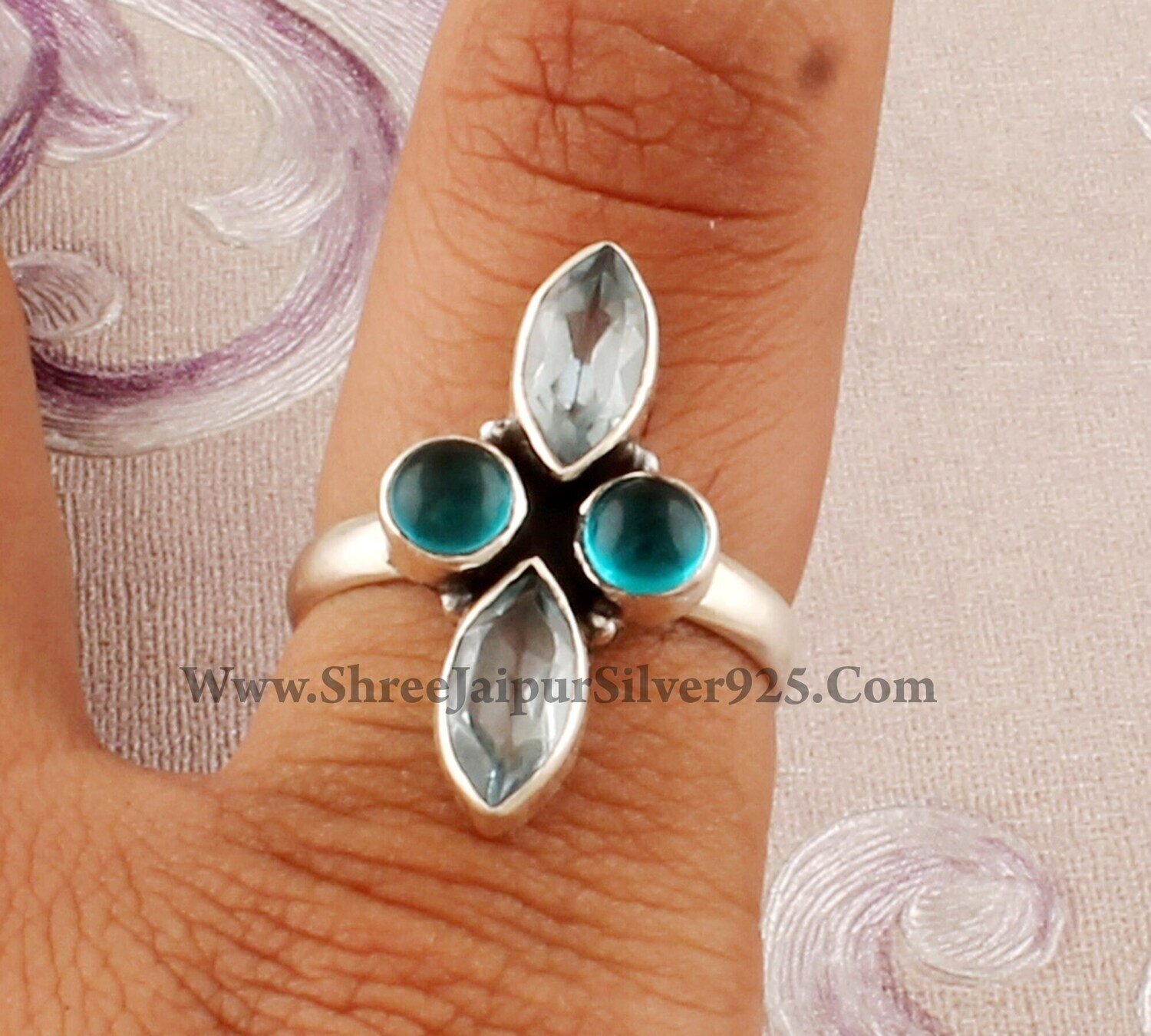Natural Blue Topaz Solid 925 Sterling Silver Adjustable Ring For Women, Marquise Round Topaz Gemstone Ring For Bridesmaid Handmade Ring Gift