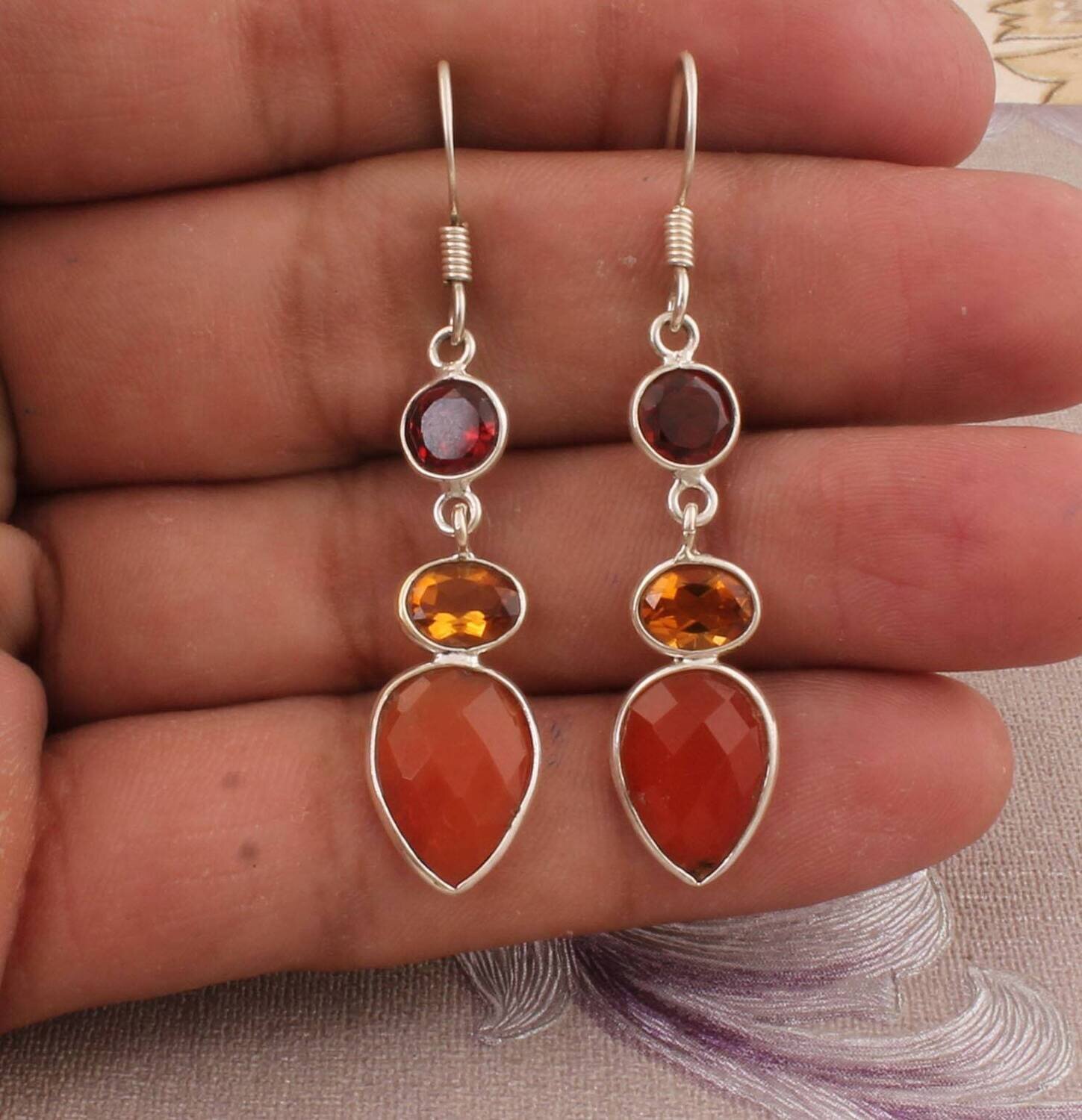 Combo Gemstone Earring Red Garnet+Citrine+Red Onyx Stone Earring 925-Sterling Solid Silver Earring,Three Stone Earring Long Earring