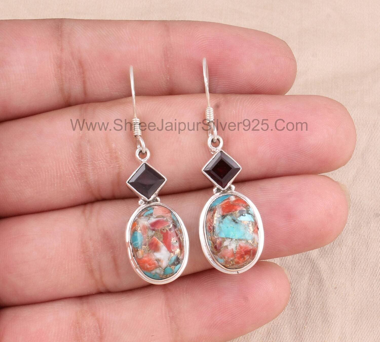 Oyster Copper Turquoise &amp; Natural Garnet Solid 925 Sterling Silver Earrings For Women, Handmade Earrings For Wedding Anniversary Gift Idea