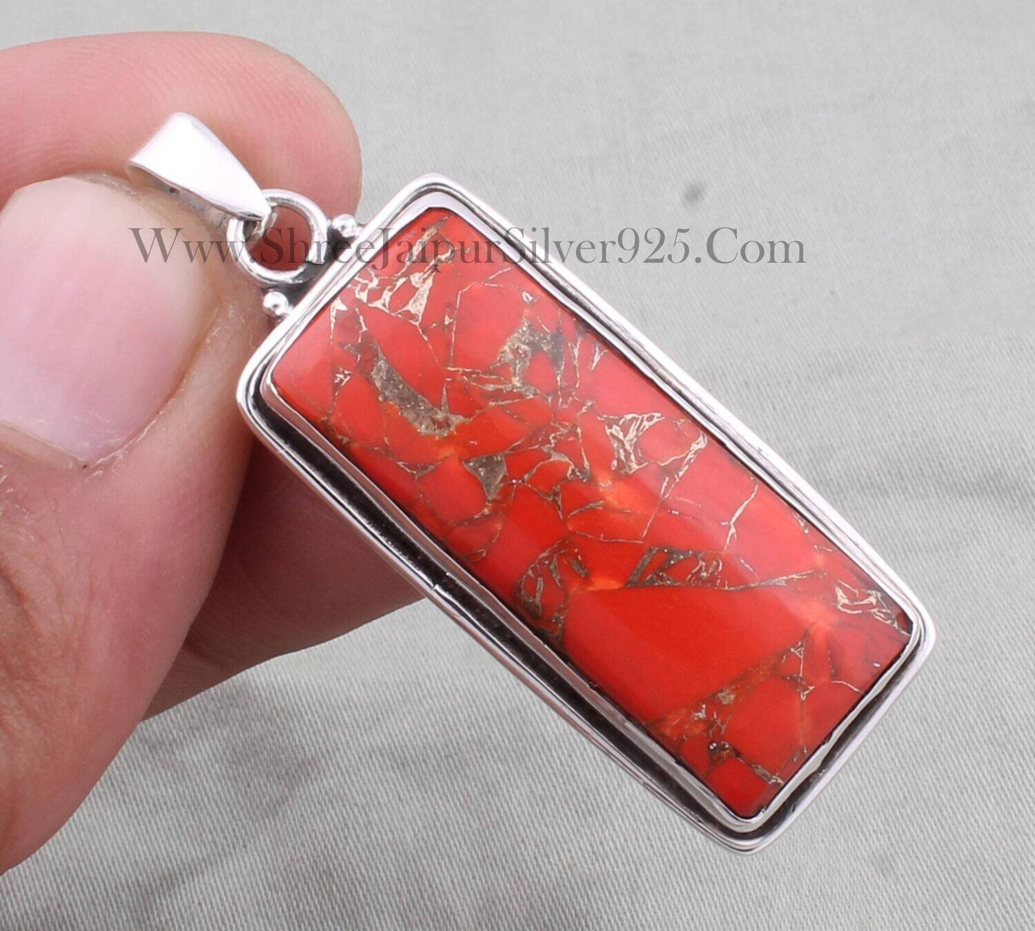Red Copper Turquoise Pendant, 925 Sterling Silver Pendant, Designer Rectangle Pendant, Bar Stone Pendant, Handmade Pendant, Christmas Gift