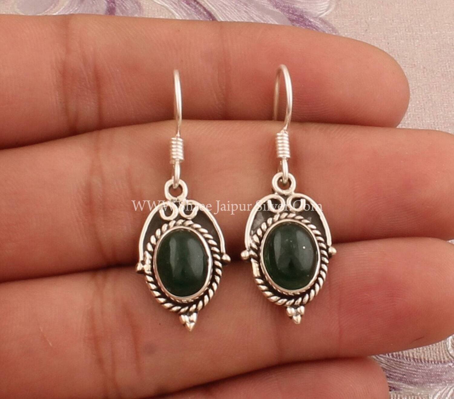 925 Sterling Silver Green Jade Oval Shape Gemstone Earrings, Handmade Designer Boho Silver Earrings, Valentine's Day Jewelry, Gift For her