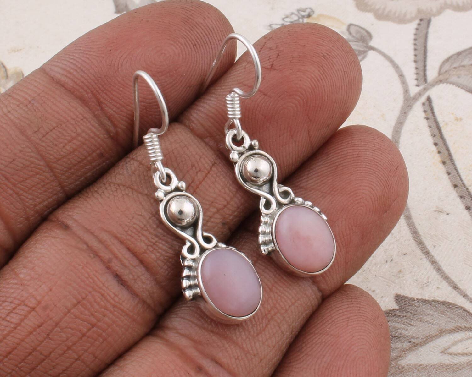 Real Pink Jade Top Quality Gemstone Handmade Earring Cabochon Stone Boho Earring 925-Antique Silver Earring Etsy Cyber Valentine's Day Gift