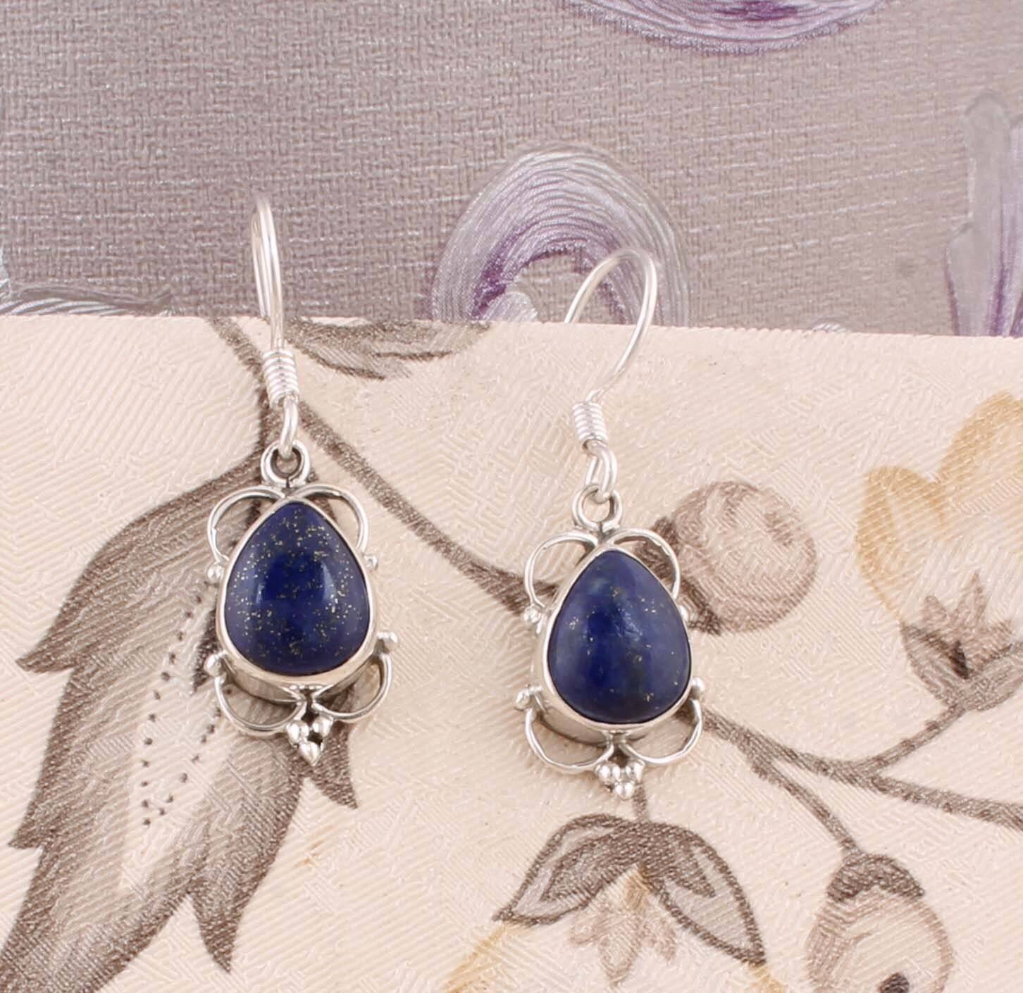 Natural Amazing Lapis AAA+Quality Gemstone Earring Cabochon Stone Boho Earring 925-Antique Silver Earring,Wedding Earring Gift For Her