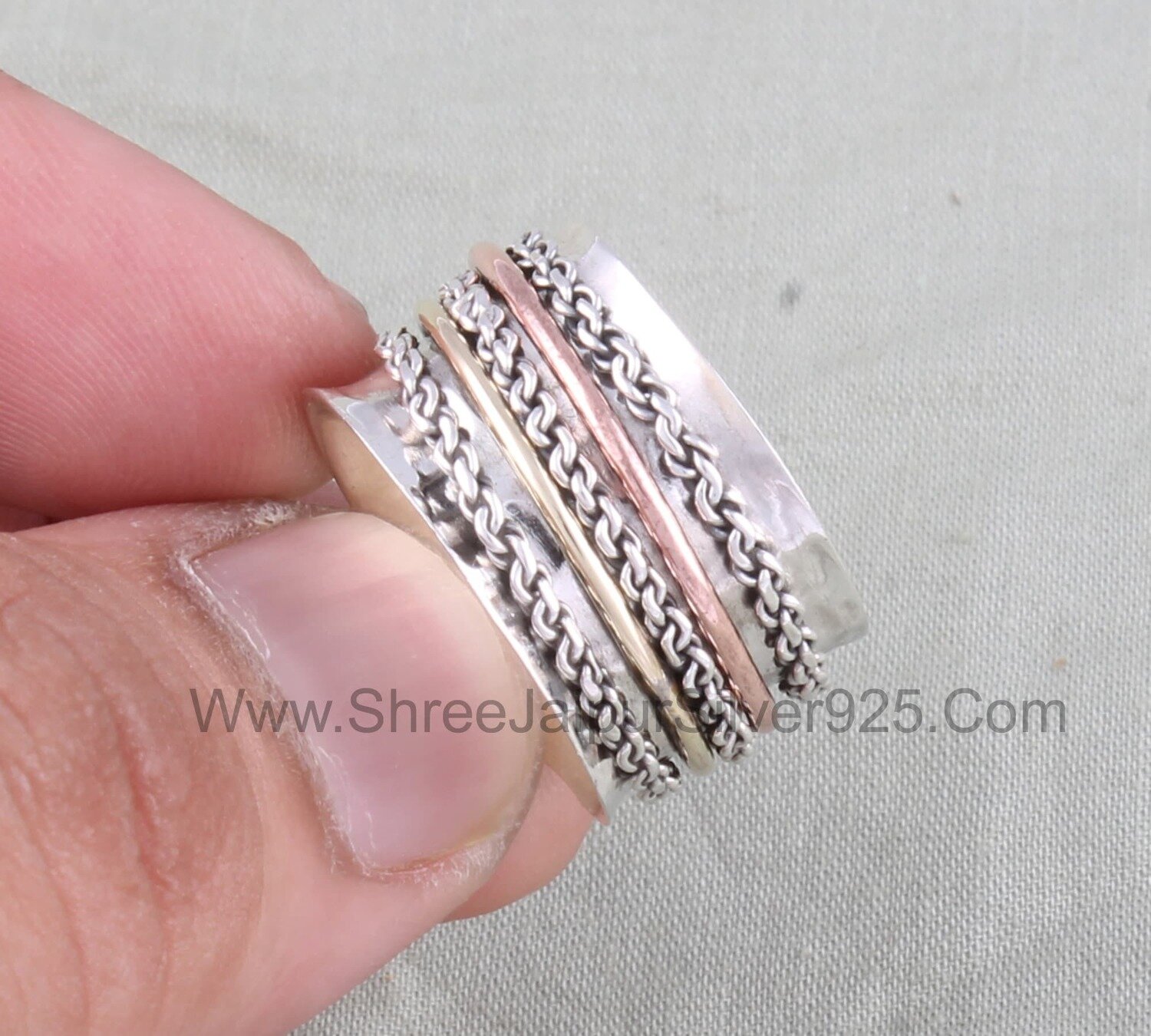 Hammered 925 Sterling Silver Designer Spinner Ring For Women, Handmade Three. Tone Meditation Ring For Her, Silver Anxiety Bridesmaid Ring