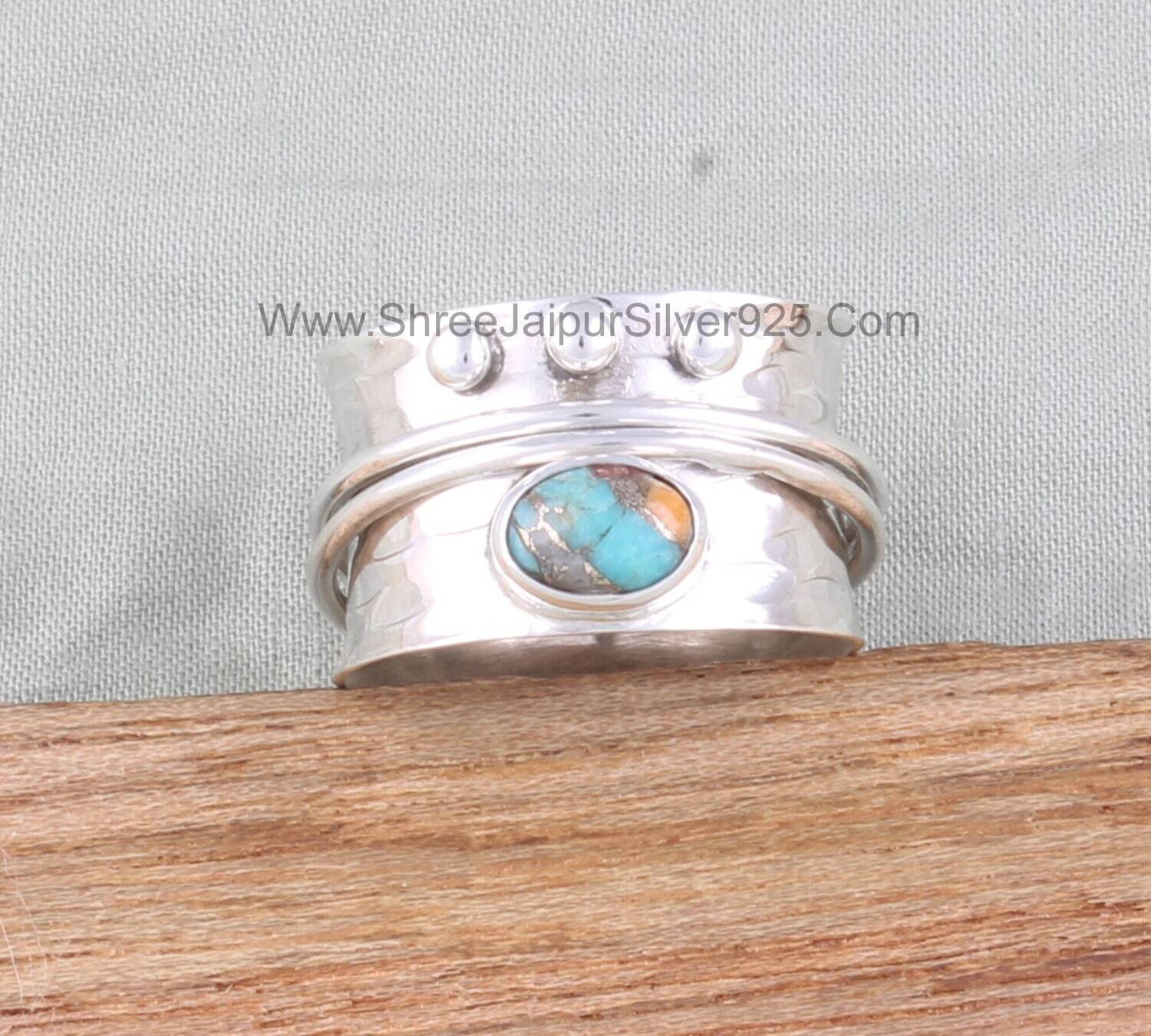 Oyster Copper Turquoise Solid 925 Sterling Silver Spinner Ring For Women, Handmade Oval Meditation Wedding Ring Boho Worry Anxiety Ring Gift