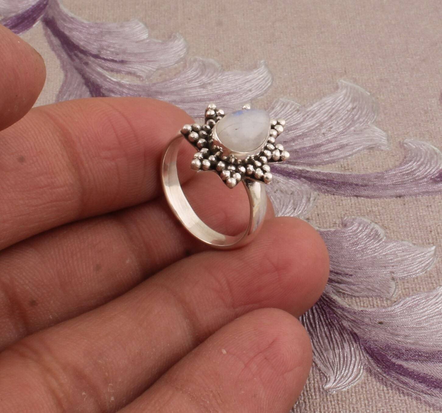 Rainbow Moonstone AAA+Quality Gemstone Ring, Cabochon Fire Stone Ring, 925-Sterling Solid Silver Ring, Birth Stone Ring, Middle Finger Ring