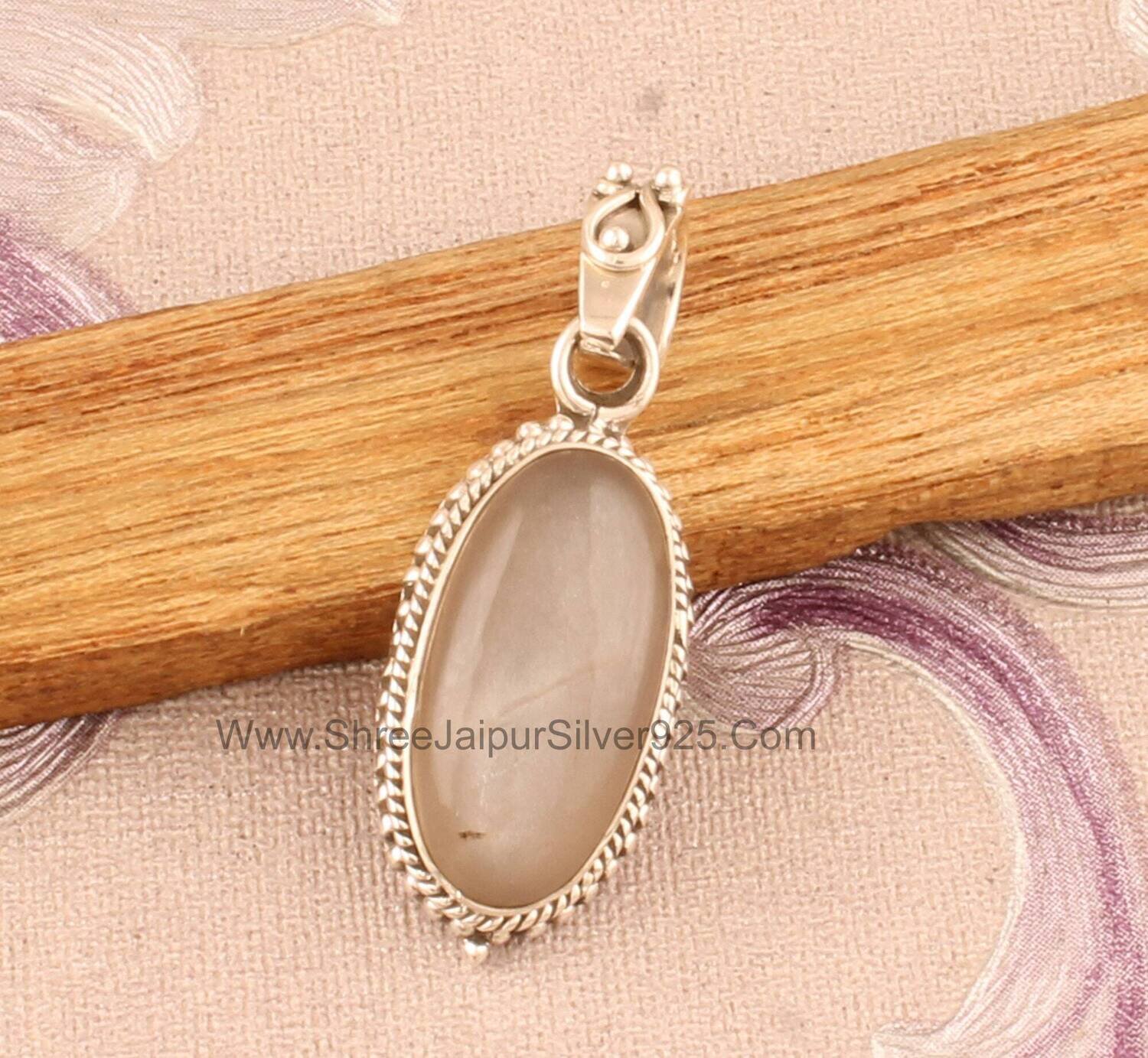 Natural Gray Moonstone Solid 925 Sterling Silver Necklace Pendant For Women, Handmade Oval Stone Pendant For Wedding Anniversary Gift Idea