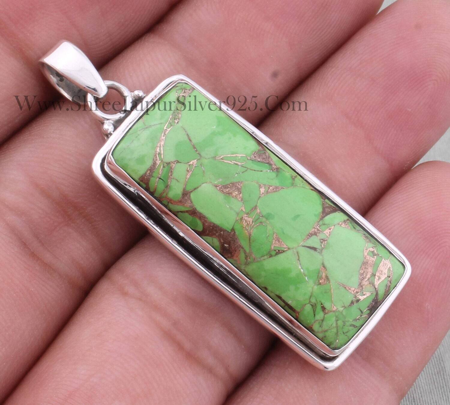 Green Copper Turquoise Pendant, 925 Sterling Silver Pendant, Designer Rectangle Pendant, Bar Stone Pendant, Handmade Pendant, Christmas Gift