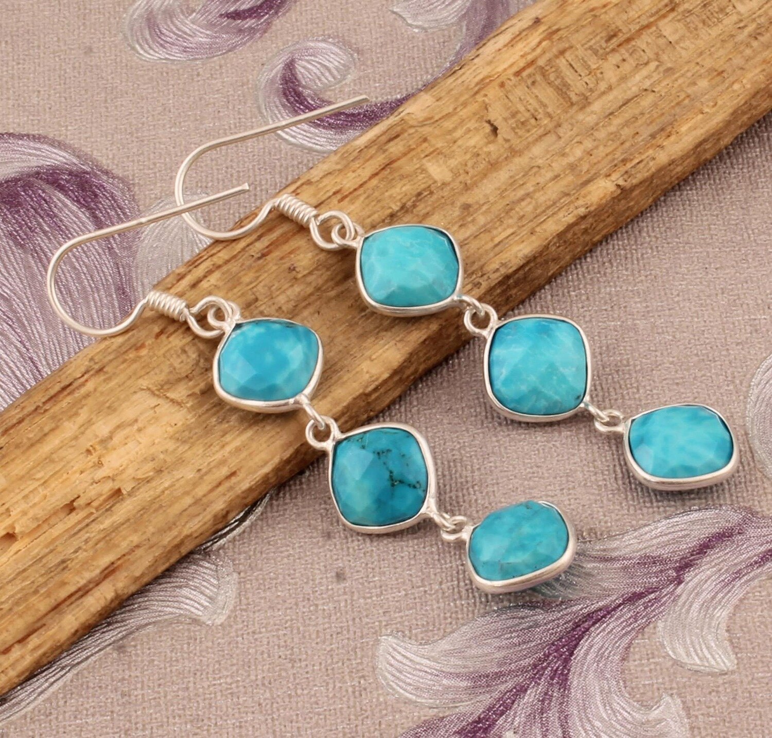 Bezel Set Turquoise Faceted Cushion Shape Earrings, 925 Sterling Silver Gemstone Earrings, Designer Three Stone Silver Earrings, Gift Idea