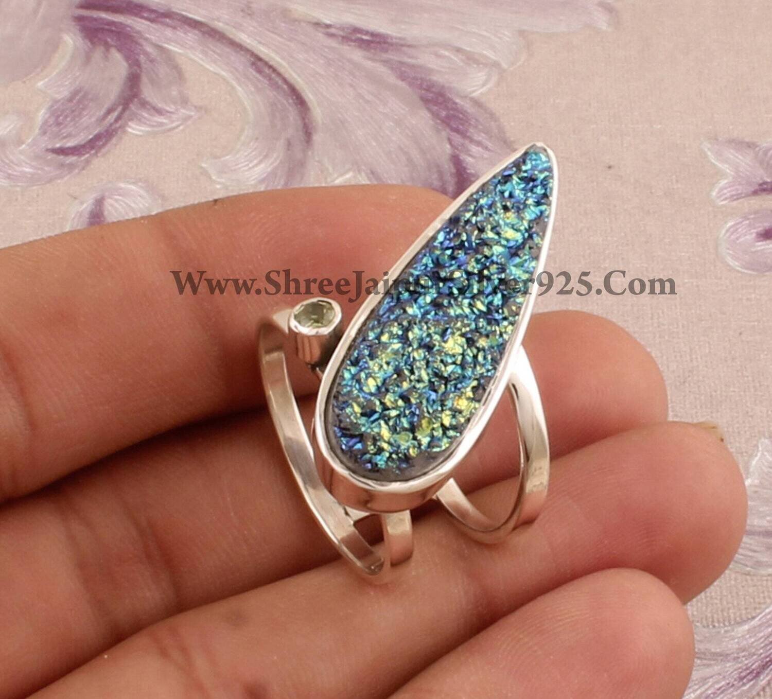 925 Sterling Silver Titanium Druzy &amp; Peridot Rings, Designer Handmade Silver Double Band Rings, Women Jewelry, Valentines Day Gift Jewelry