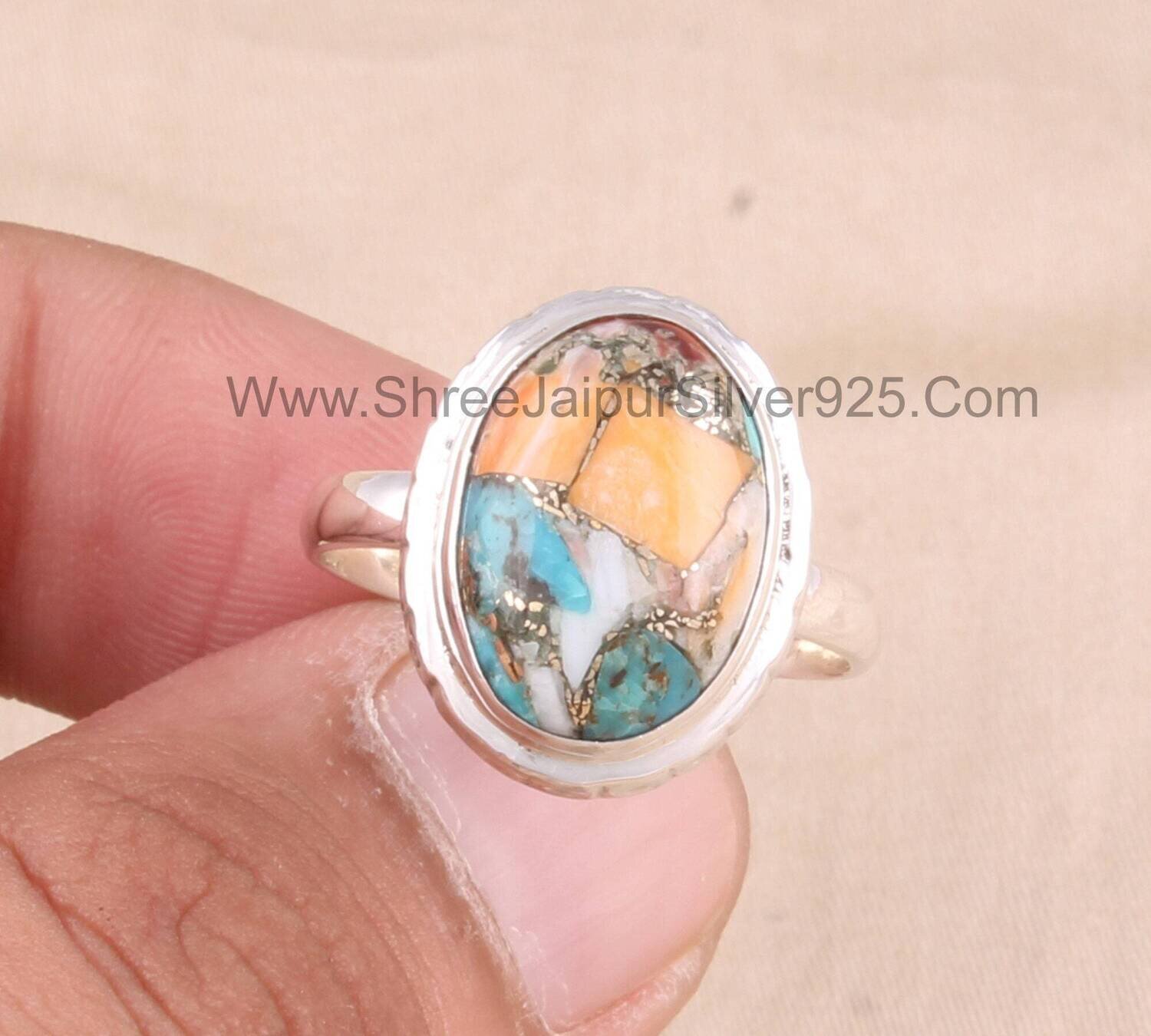 Handmade Mix Oyster Oval Stone Ring For Women, Oyster Copper Turquoise Solid 925 Sterling Silver Ring For Wedding Anniversary Gift For Her
