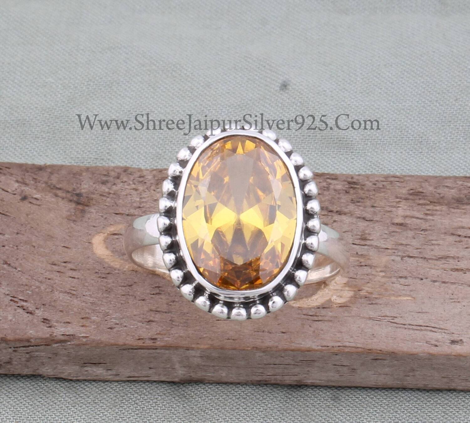 Citrine Yellow Cubic Zirconia Solid 925 Sterling Silver Ring For Women, Handmade Oval Cut Gemstone Silver Flower Ring Gifts For Anniversary