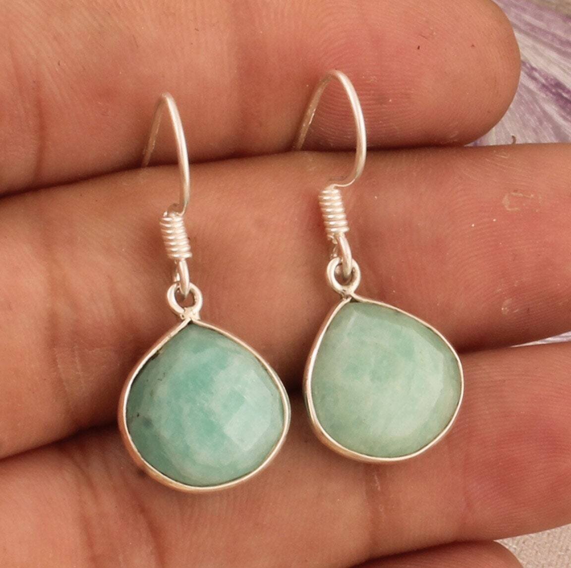 Bezel Set 925 Sterling Silver Amazonite Heart Shape Gemstone Earrings, Designer Silver Earrings, Handcrafted Gemstone Earrings, Gift For Her