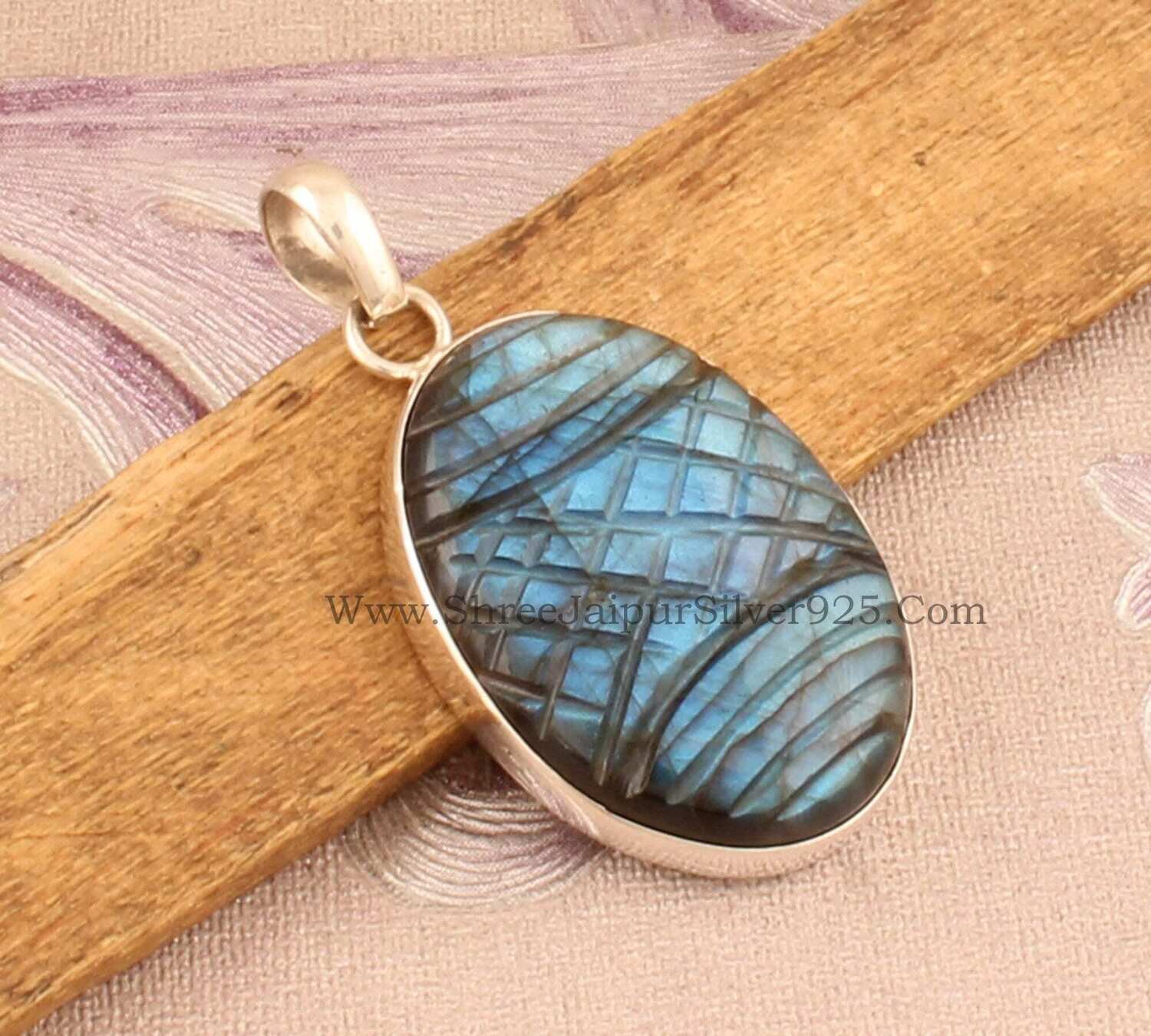 Hand Engraved Natural Labradorite Solid 925 Sterling Silver Necklace Pendant For Women, Handmade Carved Stone Pendant For Anniversary Gift
