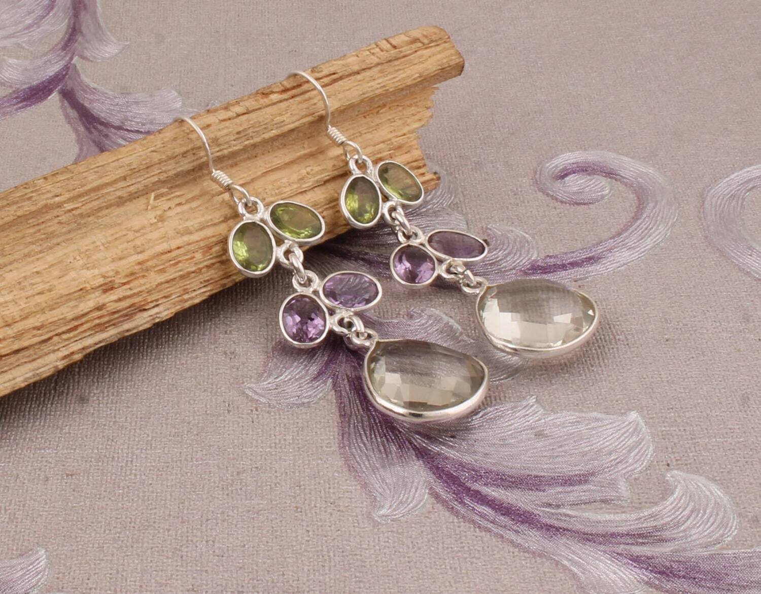 Combo Gemstone Earring Amethyst+Peridot+Green Amethyst Gemstone Earring 925-Sterling Silver Earring Big Size Earring Girls Gift Earring