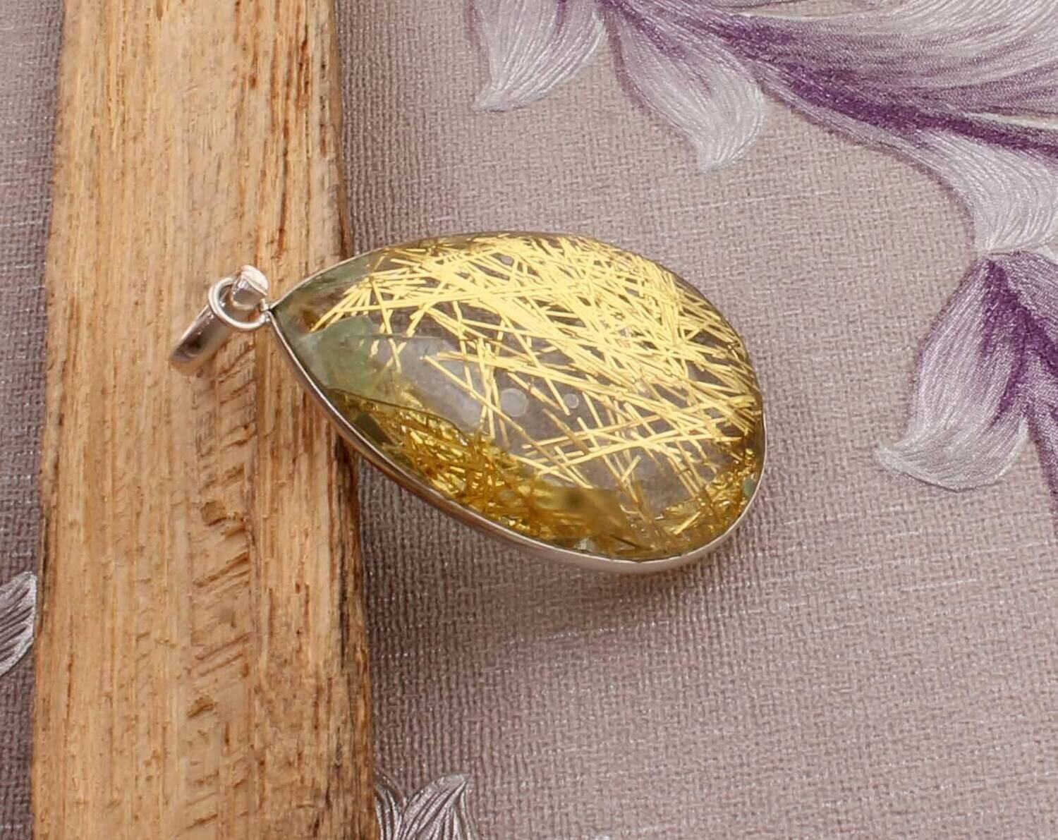 Top Quality Natural Golden Rutile Gemstone Pendant 925-Sterling Silver Pendant,Antique Silver Pendant,Simple Pendant Gift Item Pendant