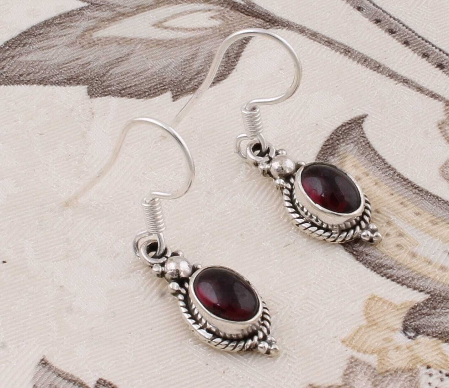 Natural Garnet 925-Silver Sterling Earring Handmade Earring Natural Garnet  Top Quality Gemstone Earring Red Color Stone And Silver Color E