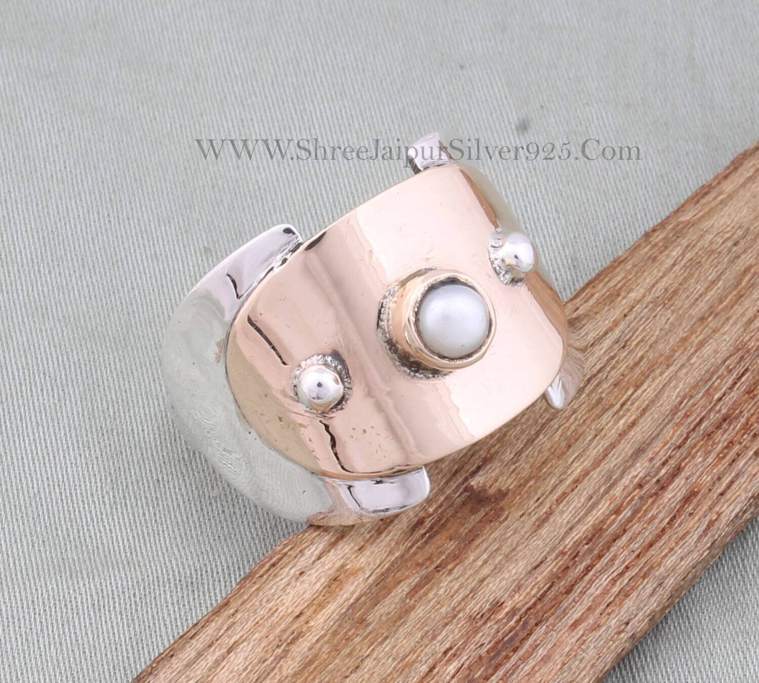Natural Pearl Solid 925 Sterling Silver Ring For Women, Handmade Double Band Ring For Wedding Anniversary, Two Tone Ring For Gift For Women