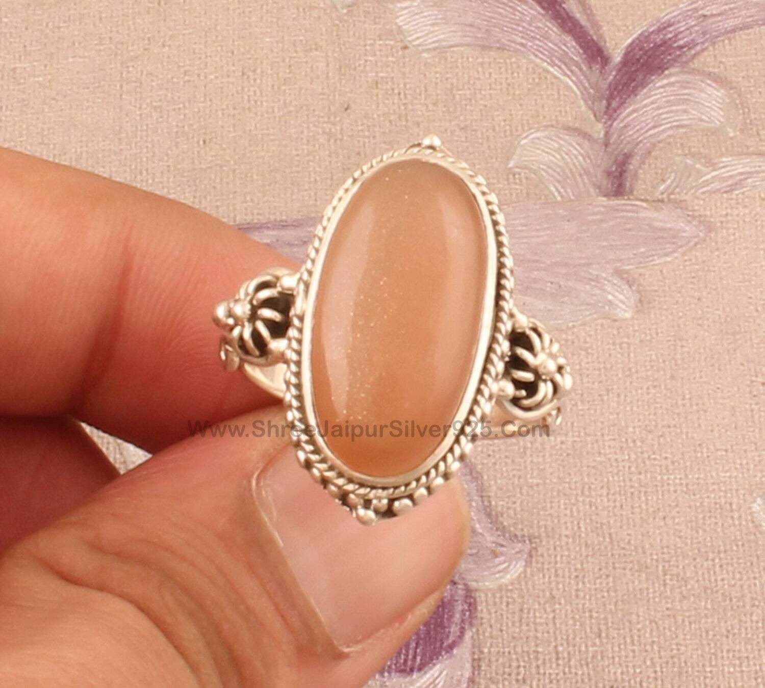 Peach Moonstone Gemstone Ring, 925 Sterling Silver Peach Moonstone Oval Shape Gemstone Ring, Handmade Stone Ring, Christmas Gift For Women