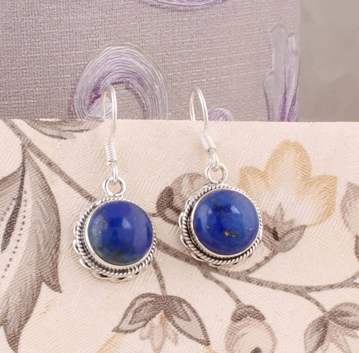 Lapis lazurite boho Quality Gemstone Earring Cabochon Stone Boho Earring 925-Sterling Silver Earring,Earring Gift For HerCyber2022Birthstone