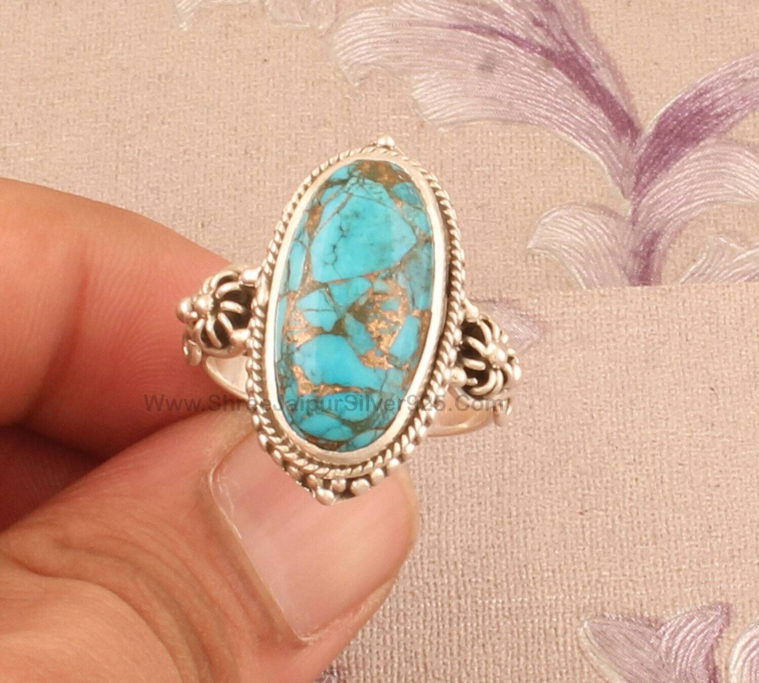 Blue Copper Turquoise Solid 925 Sterling Silver Ring For Women, Designer Handmade Women Oval Stone Ring For Wedding Anniversary Gift Idea