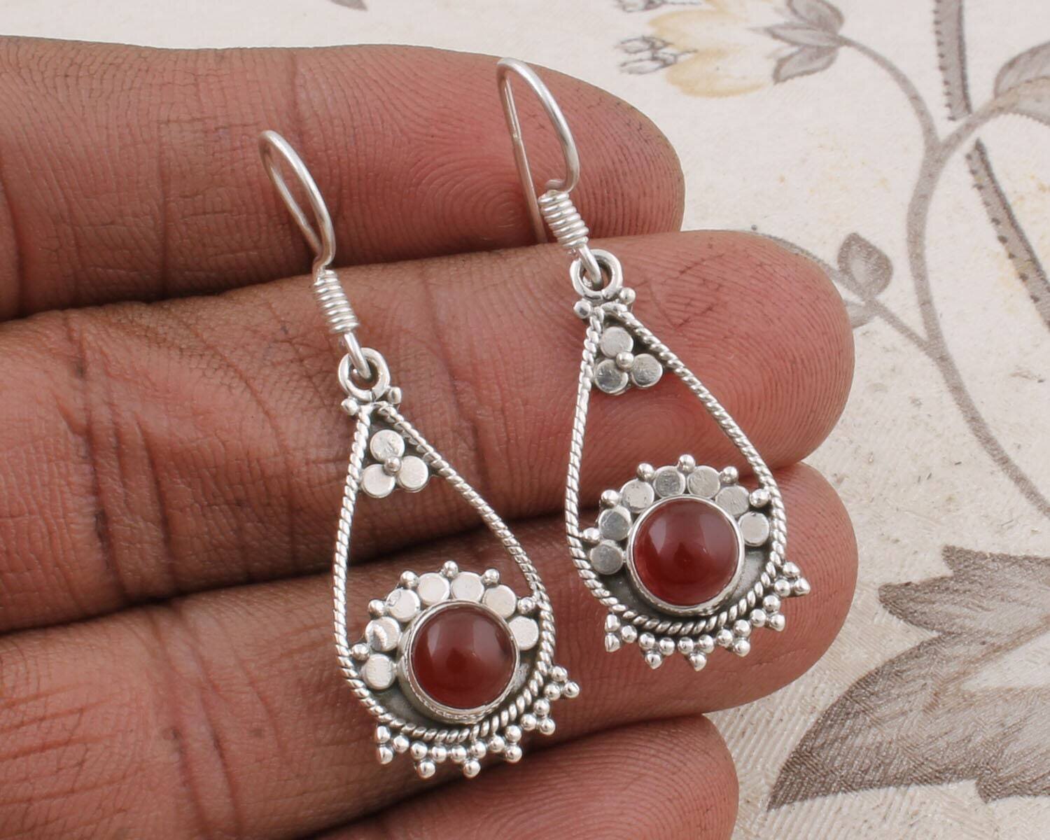 Real Red Onyx Top Quality Gemstone Handmade Earring Cabochon Stone Boho Earring 925-Antique Silver Earring Etsy Cyber Valentine's Day Gift