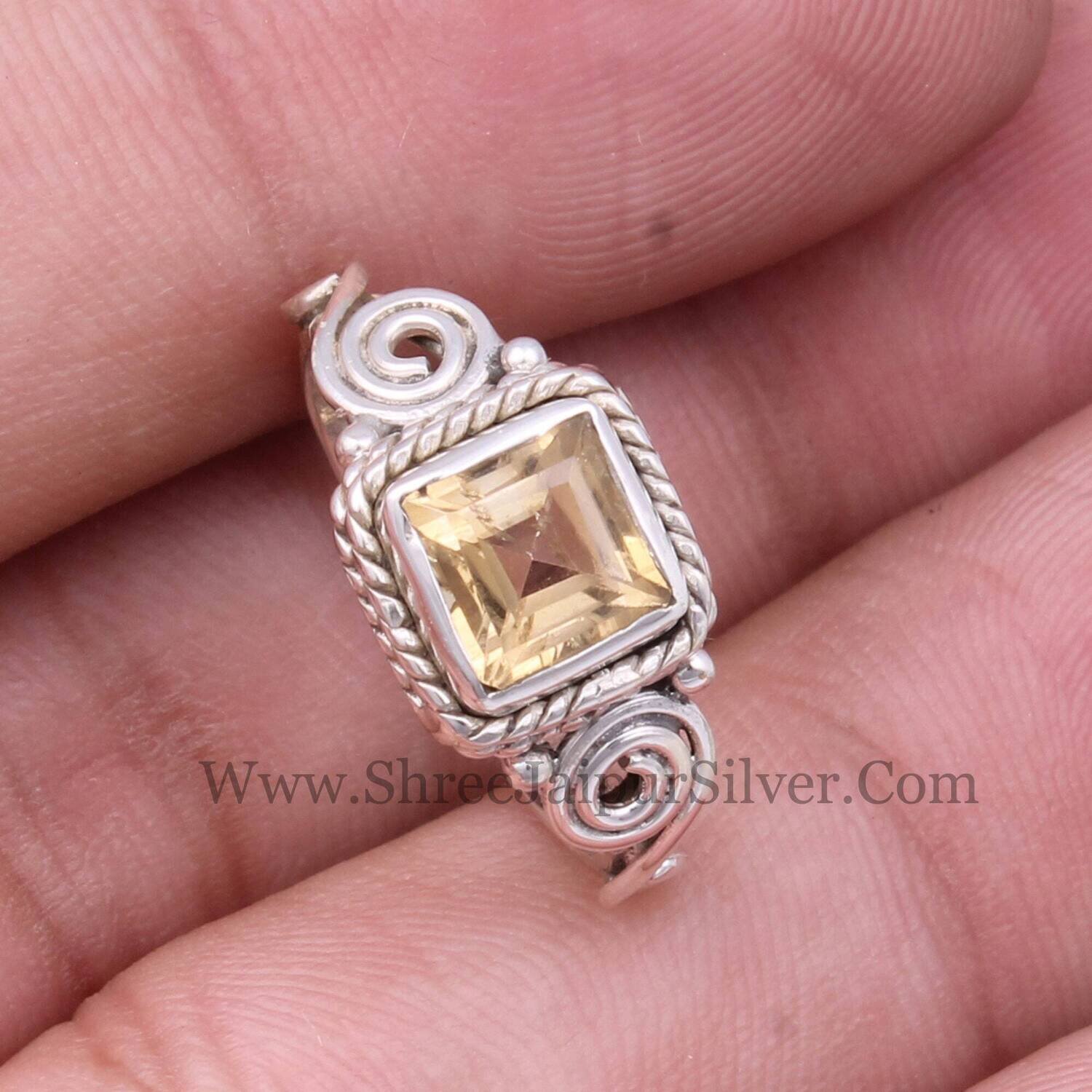 Natural Citrine Solid 925 Sterling Silver Ring For Women, Handmade Square Cut Gemstone Silver Spiral Ring For Wedding Anniversary Gifts Idea