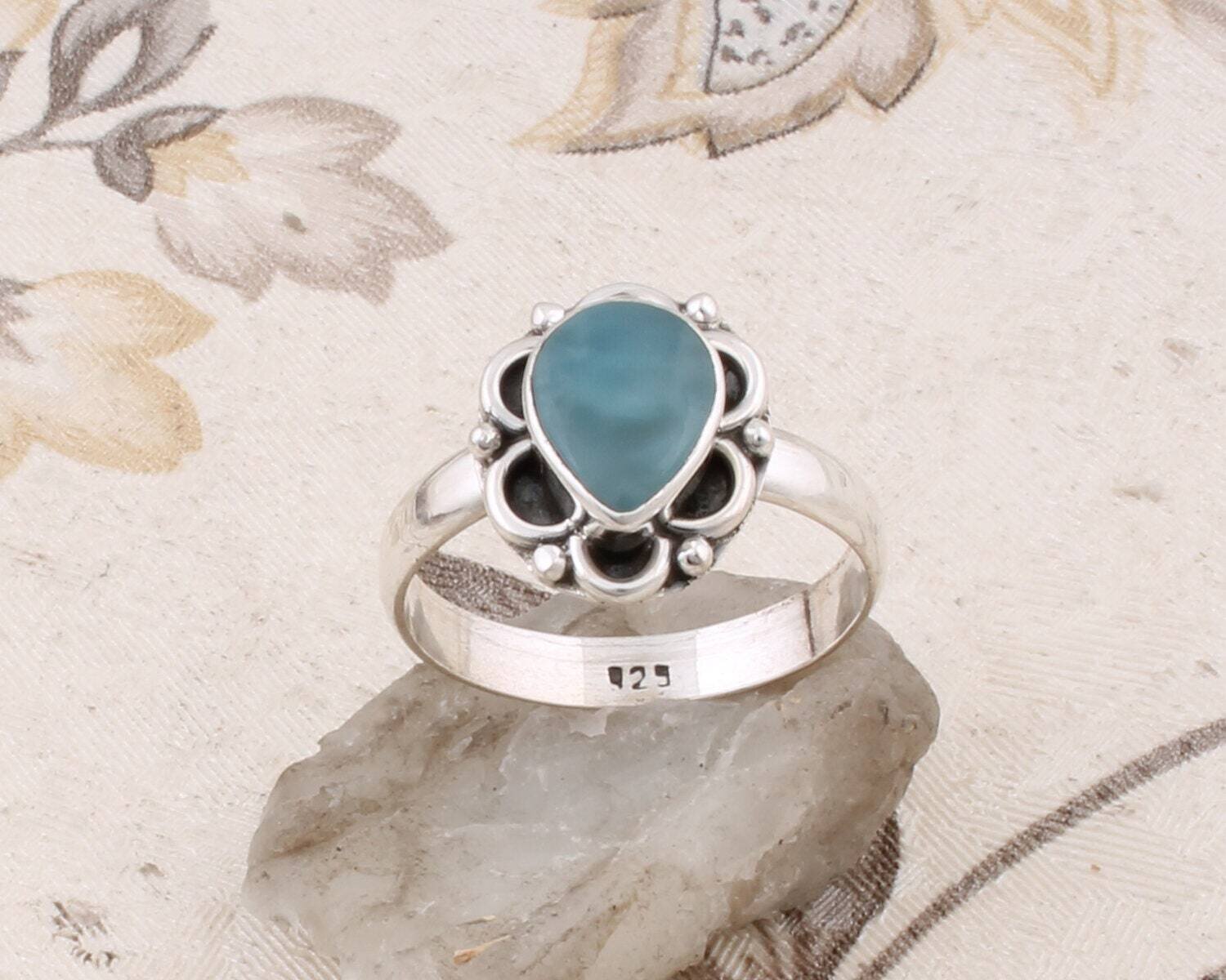 Natural Larimar Gemstone Ring Cabochon Stone Boho Ring Solid 925- Sterling Silver Ring,Girls Middle Finger RingCyber2021Bestseller2021Etsy