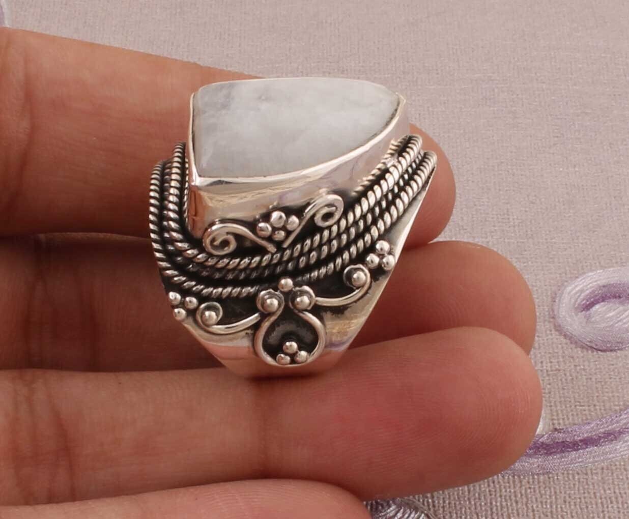 Natural Rainbow Moonstone Top Quality Gemstone Ring Cabochon &amp; Opaque Stone Boho Ring Solid 925-Sterling Silver Ring With  Index Finger Ring