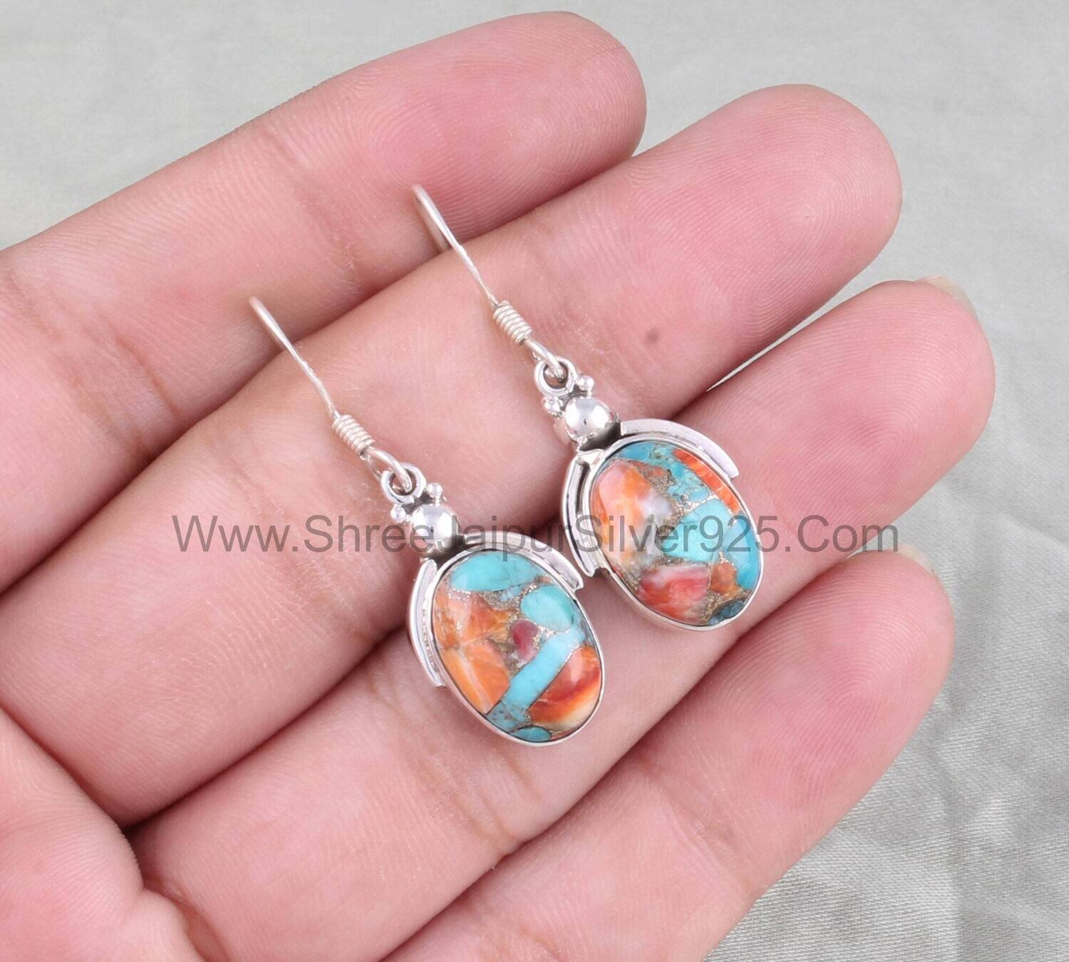 Oyster Copper Turquoise Oval Stone Solid 925 Sterling Silver Earrings For Women, Handmade Boho Silver Earrings For Wedding Anniversary Gift