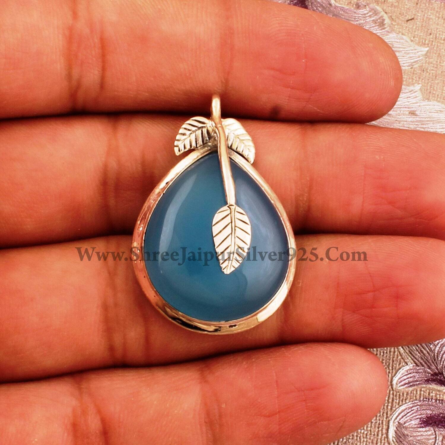Blue Chalcedony 925 Sterling Silver Necklace Pendant For Women, Pear Stone Wedding Pendant, Solid Silver Carved Leaves Pendant For Gift Idea
