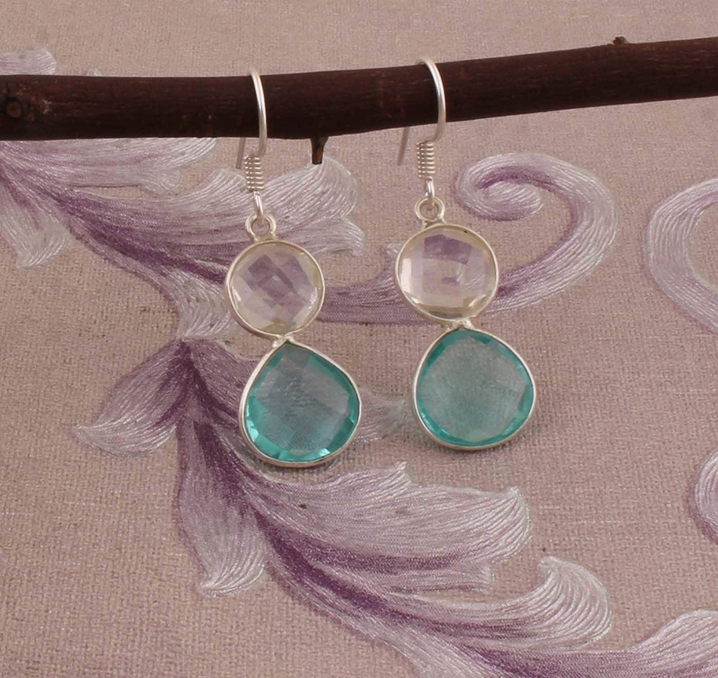 Combo Gemstone Earring Blue Topaz+Crystal Gemstone Earring 925-Sterling Silver Earring Big Size Two Stone Earring Long Gift EarringCyber2021