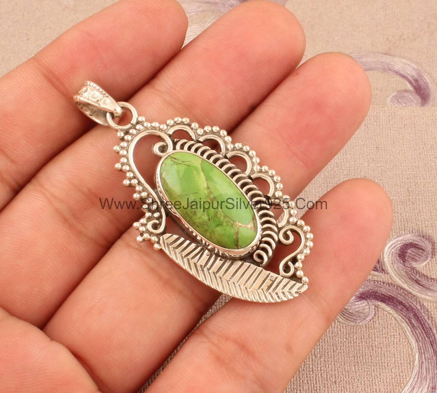Green Copper Turquoise Solid 925 Sterling Silver Necklace Pendant For Women Handmade Engraved Leaf Pendant For Wedding Anniversary Gift Idea