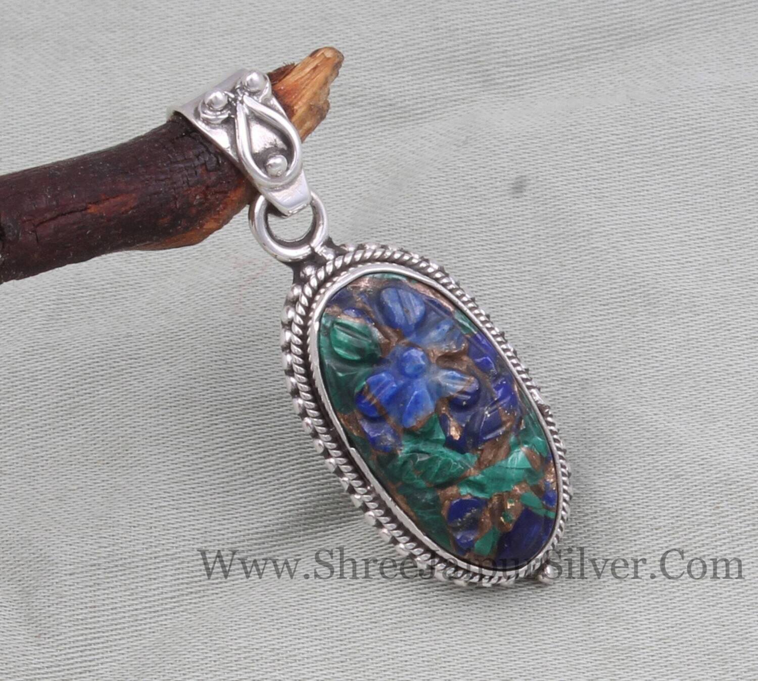 Natural Lapis Lazuli &amp; Malachite Solid 925 Sterling Silver Necklace Pendant For Women, Handmade Oval Pendant For Anniversary Gifts For Her