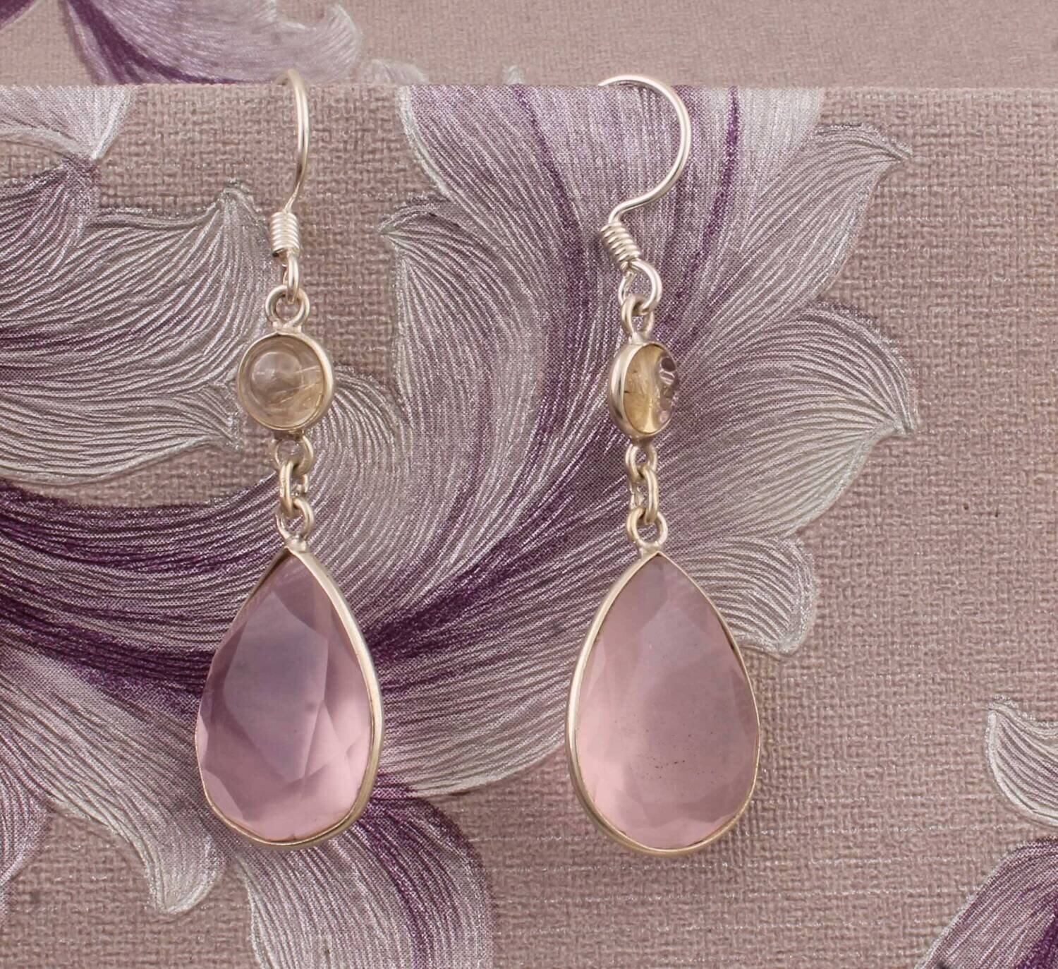 Gemstone Earring Rose Quartz+Golden Rutile Gemstone Earring 925-Sterling Silver Earring Big Size Earring One-Of-Kind ItemCyber2021Birthstone