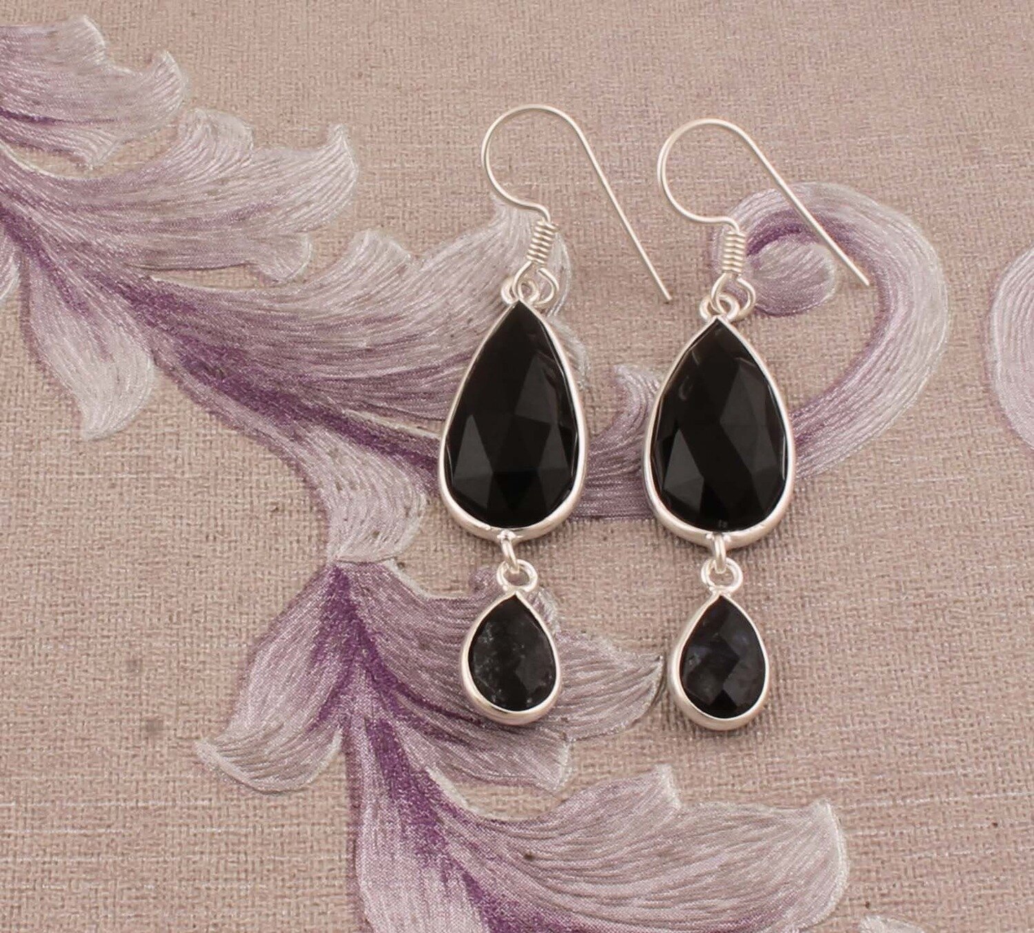 Top Quality Black Onyx Cut Opaque Stone Earring 925-Sterling Silver Earring,Antique Silver Earring,Wedding Earring Two Stone Long Earring