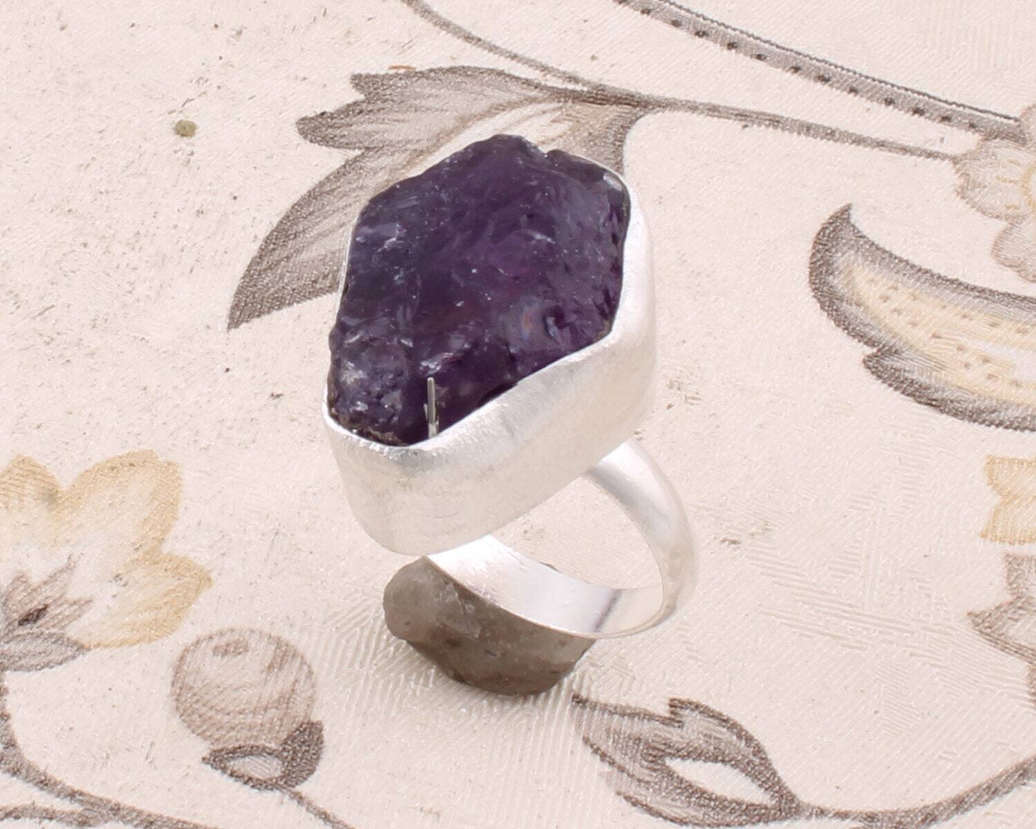 Raw amethyst ring, size 8.5, dark purple, solid 925 sterling silver, - Raw Stone Ring - Adjustable Ring - Stackable RingCyber2021Birthstone