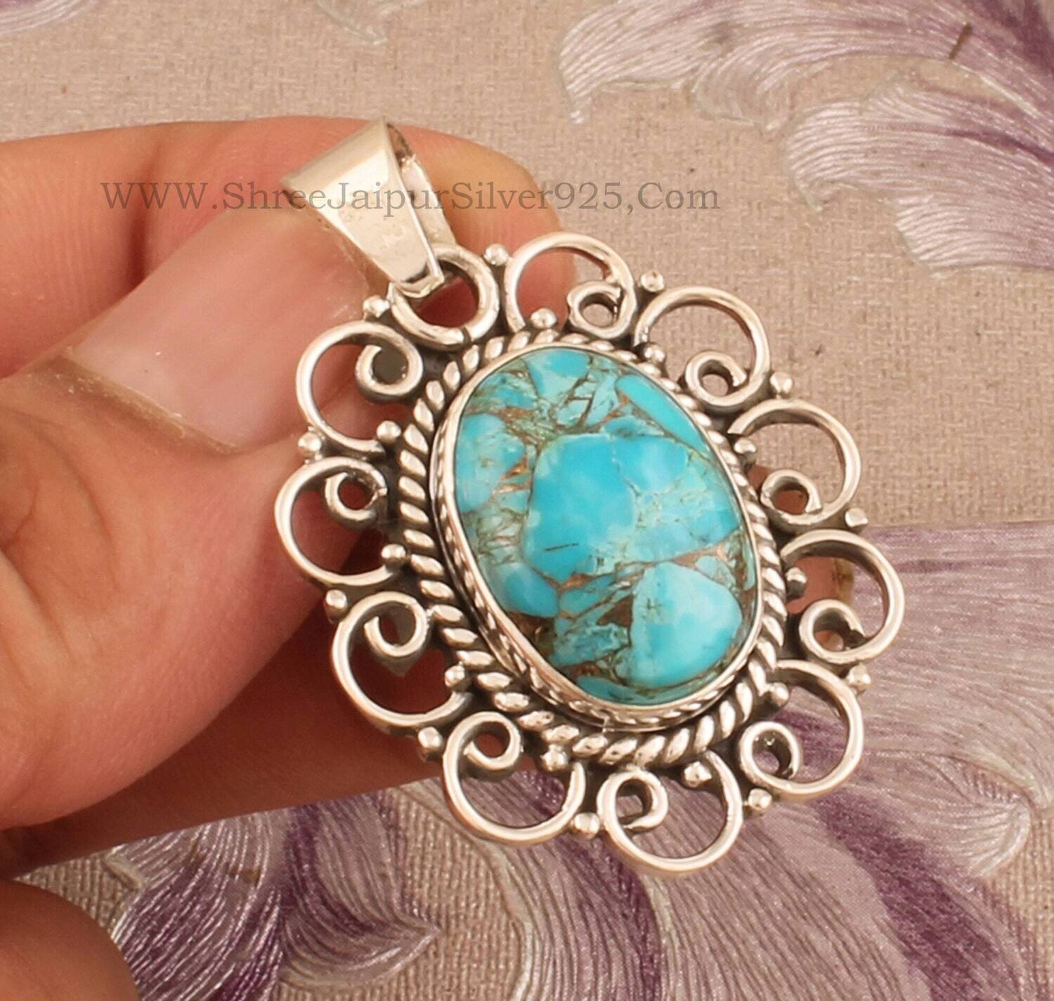 Blue Copper Turquoise 925 Sterling Silver Necklace Pendant For Women, Oval Stone Wedding Pendant Solid Silver Designer Pendant For Gift Idea