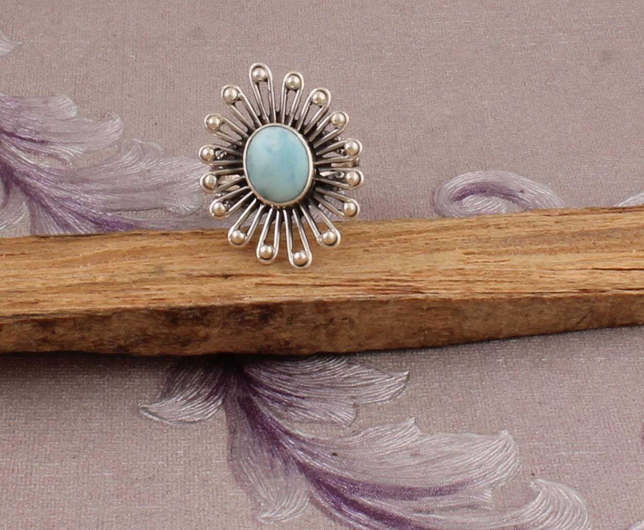 Natural Larimar Top Quality Gemstone Ring Oval Shape Cabochon Stone Ring 925-Antique Silver Ring Middle Finger Ring Gift For Her Flower Ring