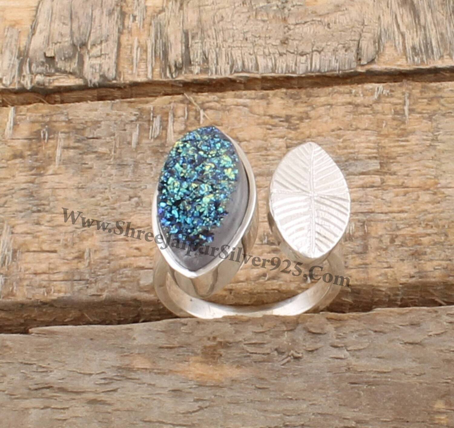 925 Sterling Silver Titanium Druzy Marquise Adjustable Rings, Designer Handmade Gemstone Silver Rings, Valentine's Day Gift, Etsy Cyber 2021