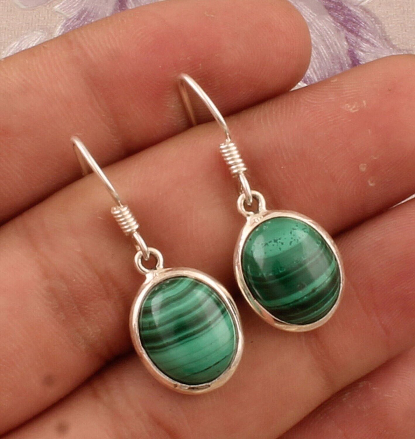 Malachite Oval Shape Gemstone 925 Sterling Silver Earrings, Designer Silver Earrings, Handmade Earrings, Women's Jewelry, Gift Idea For her